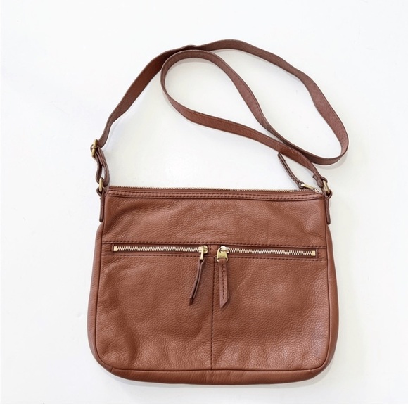 Fossil Handbags - Fossil Elise Brown Leather Crossbody Bag Pebbled Leather Tan Zip Pocket Cow Hide